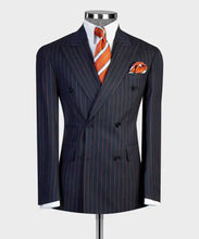 Load image into Gallery viewer, Men's Navy Blue 2 Piece  Striped Double Breasted  Suit
