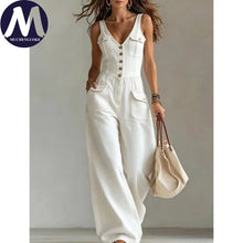 Load image into Gallery viewer, Elegant Women's Sleeveless V-Neck Jumpsuit Summer New Tight Waist Wide-Leg Overalls Fashionable Casual Romper
