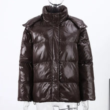 Load image into Gallery viewer, Fashion Shiny Solid Hooded Quilted Jacket Women Stand Collar Long Sleeve Zipper Pocket Street Warm Coat 2026 Winter Lady Outwear
