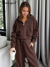 Load image into Gallery viewer, Women Tracksuits Winter Fleece Sweatsuit Brown Warm Crop Zipper Hoodies And Sweatpants Set For Women 2 Piece Velvet Pants Sets

