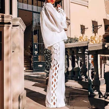 Load image into Gallery viewer, Plus Size Women's Elegant Two-Piece Set Ruffle Shirt White Long Sleeve Solid Blouse And Straight Side Hollow Out Long Pant Sets
