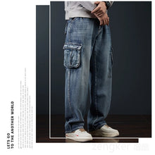 Load image into Gallery viewer, Multi-pocket denim  loose  cargo men wide leg jeans
