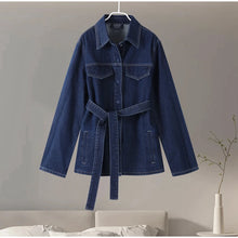 Load image into Gallery viewer, Casual Denim Jacket Pants Set Women Lace Up Lapel Pocket Single Breasted Coat Straight Jeans 2025 Spring High Street Outfit Lady
