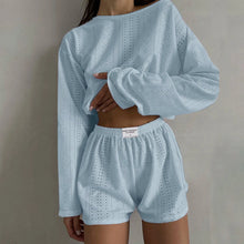 Load image into Gallery viewer, Womens Summer Fashion Casual Two Piece Outfits Casual Shorts Set O Neck Long Sleeve Tops And Shorts Swim Short Suits for Women
