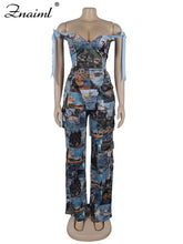Lade das Bild in den Galerie-Viewer, Znaiml New Print Off Shoulder Bandage Crop Tops and Wide Legs Cargo Pants
