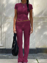 Lade das Bild in den Galerie-Viewer, Casual Workout  Short Sleeve Crop High Waist Foldover Flare Pants Sets
