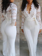 Load image into Gallery viewer, Woman Lace Stitching Long Sleeve V-neck Wide Leg Pants With Belt Lady Jumpsuit
