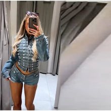 Load image into Gallery viewer, Y2K Style Denim Jacket Shorts Set Women's Stand Collar Button Long Sleeve Coats Low Waist Mini Short 2026 Summer New Lady Outfit
