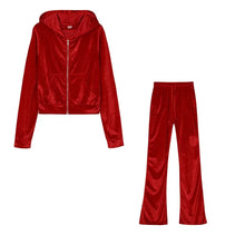 Load image into Gallery viewer, Fashion Trend Gold Velvet Pocket Hoodie Zipper Sweater Wide Leg Pants Two-piece Women's Suit
