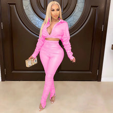 Lade das Bild in den Galerie-Viewer, Sexy PU Faux Leather Two Piece Set for Women Birthday Night Club Outfits Crop Top and Slit Stacked Pants Matching Sets Undefined
