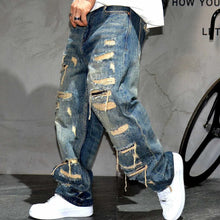 Load image into Gallery viewer, Mens Ripped Baggy Distressed Denim Straight Leg Patchwork Oversized  Jeans
