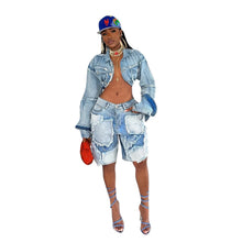Lade das Bild in den Galerie-Viewer, Shorts Pant Set Women Two Piece Sets Denim Turn Down Collar Matching Sets Tops Knee Length Pants High Waist Y2k Streetwear
