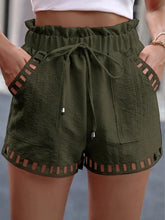 Load image into Gallery viewer, Women Linen solid color Elastic Waist Hollow out Pocket Mini Shorts
