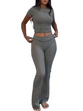 Lade das Bild in den Galerie-Viewer, Casual Workout  Short Sleeve Crop High Waist Foldover Flare Pants Sets
