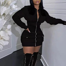 Lade das Bild in den Galerie-Viewer, Long Sleeve Zipper Black  Women Robe Femme Mini Dress
