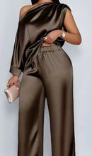 Load image into Gallery viewer, Women Satin Two Piece Set One Shoulder Asymmetrical Single Flared Sleeve Blouse Straight Wide Leg Pants Elegant Matching Set
