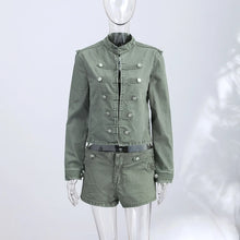 Load image into Gallery viewer, Y2K Style Denim Jacket Shorts Set Women's Stand Collar Button Long Sleeve Coats Low Waist Mini Short 2026 Summer New Lady Outfit
