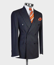Load image into Gallery viewer, Men's Navy Blue 2 Piece  Striped Double Breasted  Suit
