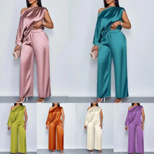 Load image into Gallery viewer, Women Satin Two Piece Set One Shoulder Asymmetrical Single Flared Sleeve Blouse Straight Wide Leg Pants Elegant Matching Set
