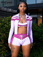 Lade das Bild in den Galerie-Viewer, Stripe Print Patchwork Full Sleeve Jacket+Crop 3 Piece Set
