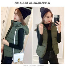 Load image into Gallery viewer, Women's Short Padded Quilted Vest Warm Slimming Detachable Cap Jacket.

