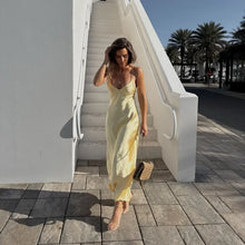 Cargar imagen en el visor de la galería, Sexy Yellow Satin Backless Maxi Dress

