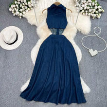 Load image into Gallery viewer, Denim Long Dress High Waist A Line Vestidos Turn Down Collar
