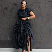 Load image into Gallery viewer, Two-Piece Skirt Set for Women Short Puff Sleeve Crop Top and High Waist Ruched Skirt Elegant Casual Flowy Outfit with Pockets
