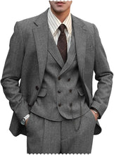 Load image into Gallery viewer, Men's Regular Fit 3 Piece Notch Lapel Double Breasted Tweed Herringbone Blazer Vest Suit
