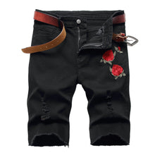 Load image into Gallery viewer, 2026 Summer Men's Red Rose Embroidered Jeans Shorts, Fashion Casual Shorts Black Blue White Men Torn and Frayed Denim Shorts
