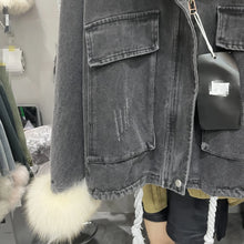 画像をギャラリービューアに読み込む, Fox Fur Denim Fleece-Lined and Batwing Sleeve Cotton Coat
