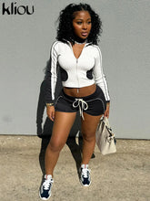 Cargar imagen en el visor de la galería, Kliou Panelled  Long Sleeve Zip-up Crop 2 Piece Set
