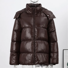 Load image into Gallery viewer, Fashion Shiny Solid Hooded Quilted Jacket Women Stand Collar Long Sleeve Zipper Pocket Street Warm Coat 2026 Winter Lady Outwear
