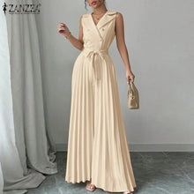 Load image into Gallery viewer, Fashion Women Jumpsuits 2026 ZANZEA Summer Rompers Elegant Wide Leg Work OL Overalls V Neck Sleeveless Pleated Playsuit Trousers
