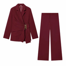 Load image into Gallery viewer, Women Suit Pants Two-Piece Set Buckle Decoration Long Sleeve Blazer Coat + Straight-Leg Pants 2 Pieces Sets Chic Woman Outfits
