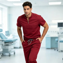 Load image into Gallery viewer, Mens Stand Collar Zip Front Scrub Set Workwear Straight Leg Pants Casual Gym Fitness Uniform Suit
