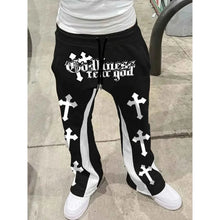Load image into Gallery viewer, Men's Casual Street Style Trendy Cross Print Fashionable Slightly Flared Black and White Color-Block Design Sweatpants Men Pants
