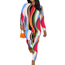 Load image into Gallery viewer, Women's Long Sleeved Two-Piece Set, Fashionable Striped Printed Retro Style Two-Piece Set.
