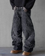 Load image into Gallery viewer, Distressed Retro Black Pants Embroidery Harajuku Gothic Wide Leg Jeans
