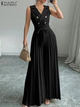 Load image into Gallery viewer, Fashion Women Jumpsuits 2026 ZANZEA Summer Rompers Elegant Wide Leg Work OL Overalls V Neck Sleeveless Pleated Playsuit Trousers
