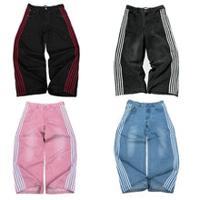 画像をギャラリービューアに読み込む, Y2K Harajuku striped embroidery texture casual jeans for men and women retro hip-hop street loose high-waisted wide-leg pants
