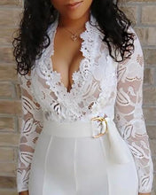 Load image into Gallery viewer, Woman Lace Stitching Long Sleeve V-neck Wide Leg Pants With Belt Lady Jumpsuit
