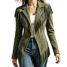 Load image into Gallery viewer, Women Faux Suede Fringe Slim Fit Turn Down Collar Long Sleeve Jacket

