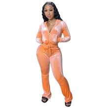 Load image into Gallery viewer, Fashion Trend Gold Velvet Pocket Hoodie Zipper Sweater Wide Leg Pants Two-piece Women's Suit
