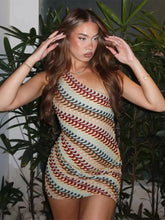 Load image into Gallery viewer, Irregular Printed Knitted Mini Dress For Women Chic Backless Slanted Shoulder Slim Fit Dresses Summer Holiday Beach Robes
