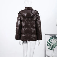 Load image into Gallery viewer, Fashion Shiny Solid Hooded Quilted Jacket Women Stand Collar Long Sleeve Zipper Pocket Street Warm Coat 2026 Winter Lady Outwear
