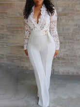 Load image into Gallery viewer, Woman Lace Stitching Long Sleeve V-neck Wide Leg Pants With Belt Lady Jumpsuit
