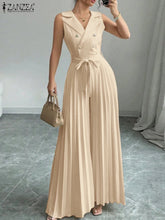 Load image into Gallery viewer, Fashion Women Jumpsuits 2026 ZANZEA Summer Rompers Elegant Wide Leg Work OL Overalls V Neck Sleeveless Pleated Playsuit Trousers
