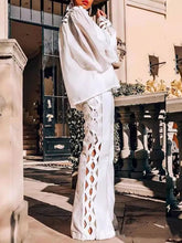 Load image into Gallery viewer, Plus Size Women's Elegant Two-Piece Set Ruffle Shirt White Long Sleeve Solid Blouse And Straight Side Hollow Out Long Pant Sets
