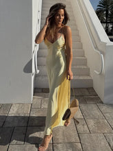 Cargar imagen en el visor de la galería, Sexy Yellow Satin Backless Maxi Dress
